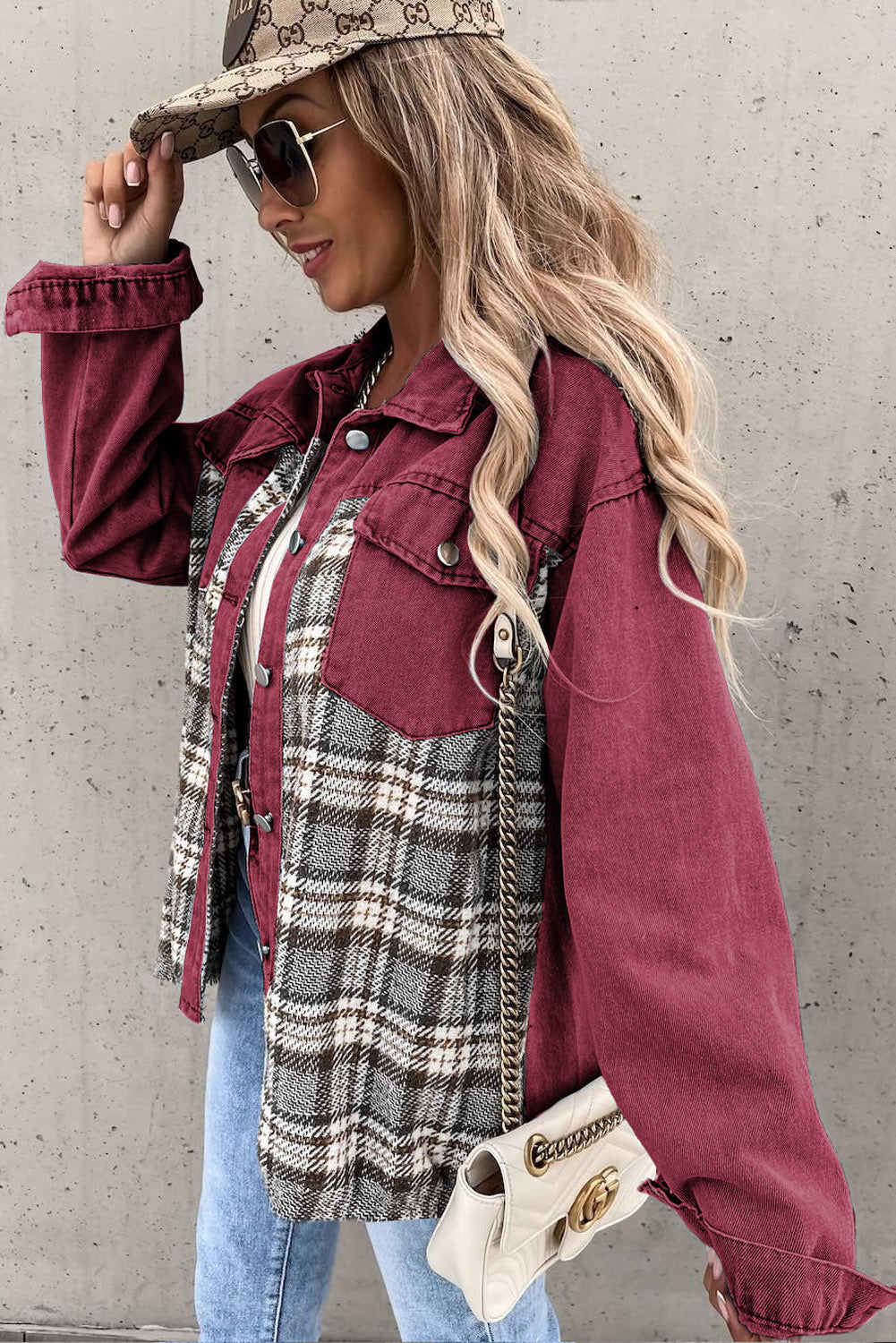 Plaid Patchwork Pockets Denim Jacket