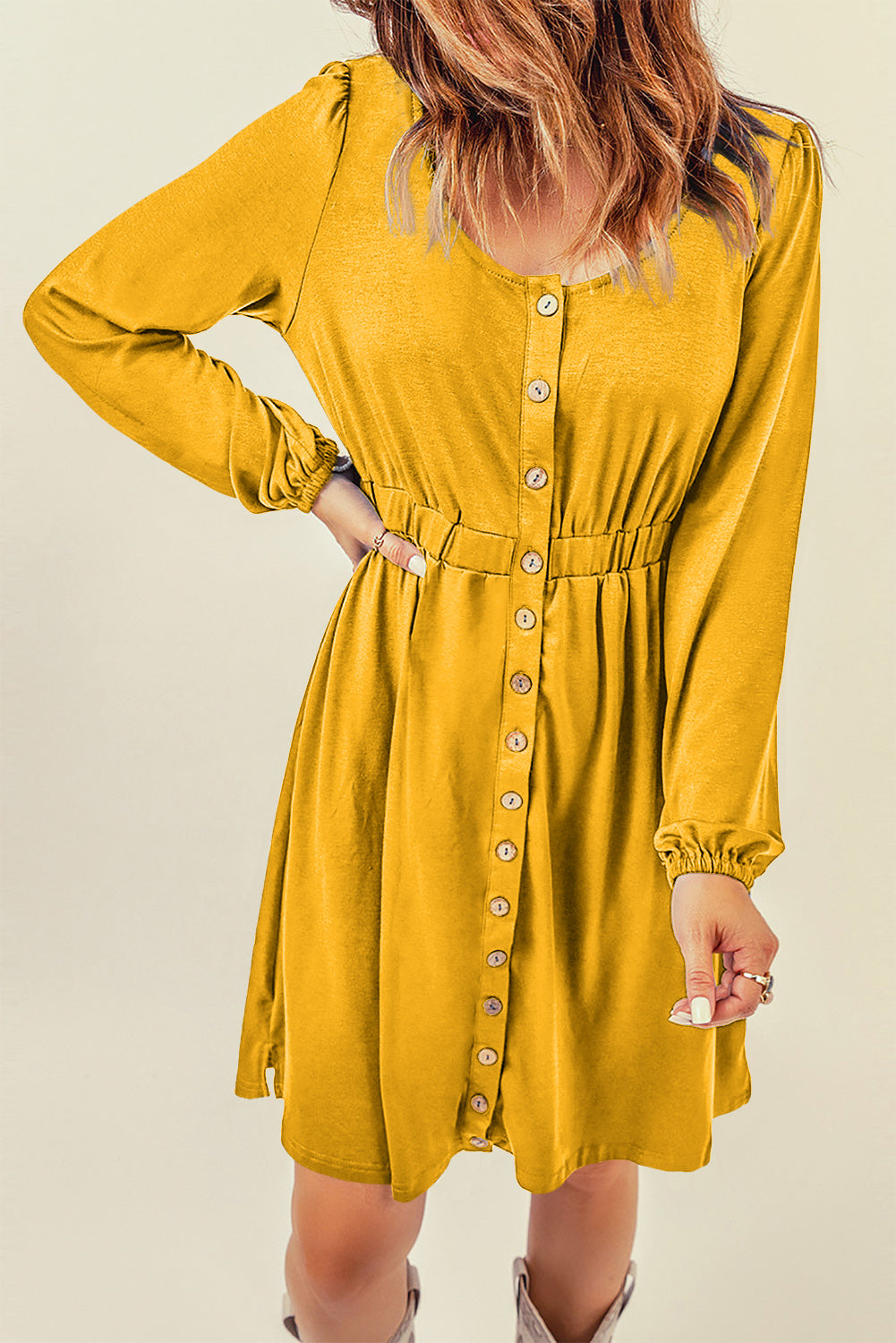 Button Up High Waist Long Sleeve Dress