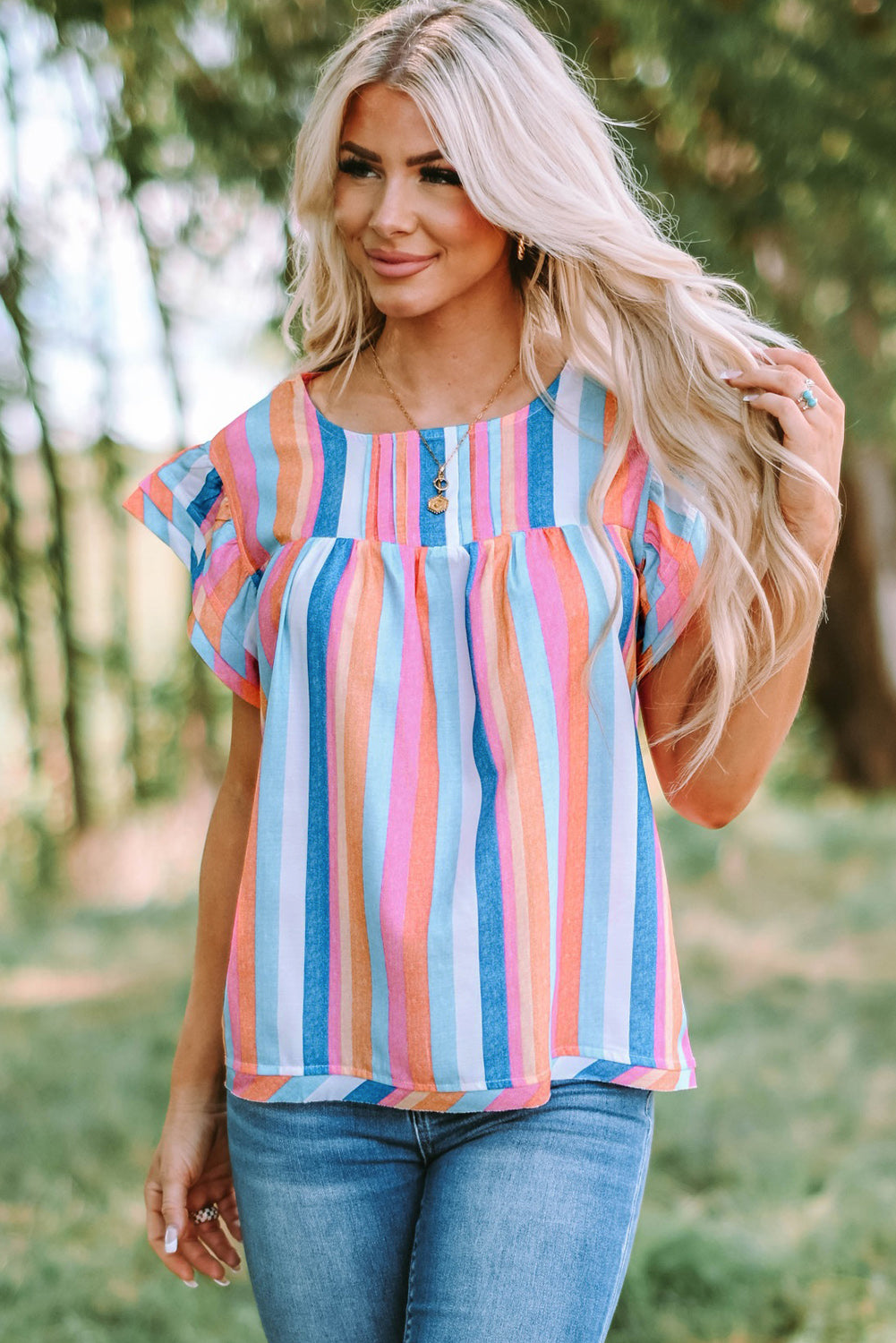 Multicolor Striped Tiered Ruffle Cap Sleeve Top