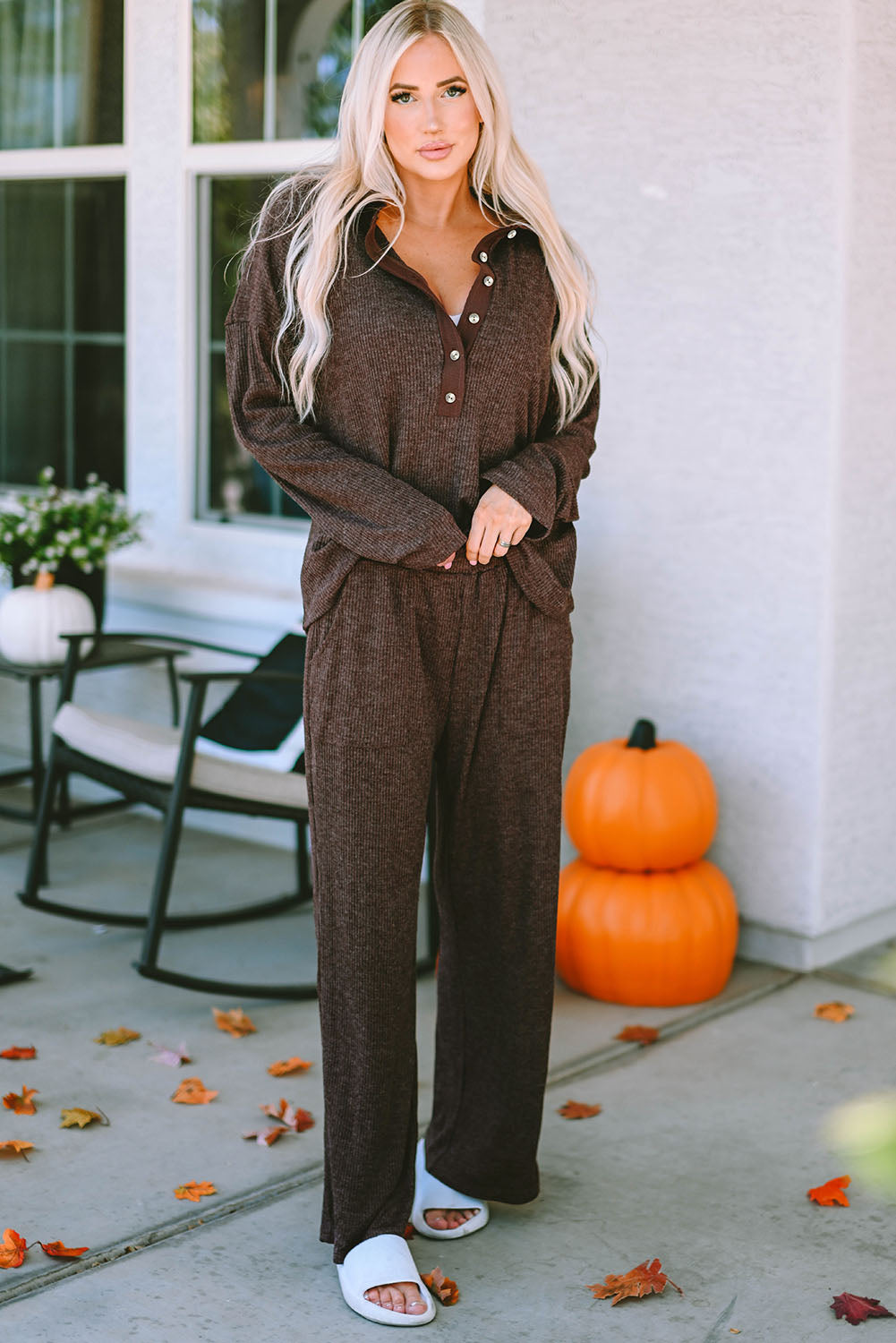 Green Ribbed Knit Collared Henley Top and Pants Lounge Outfit