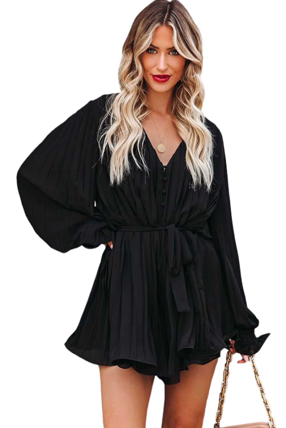 Pleated Ruffled Tie Waist Buttons V Neck Romper