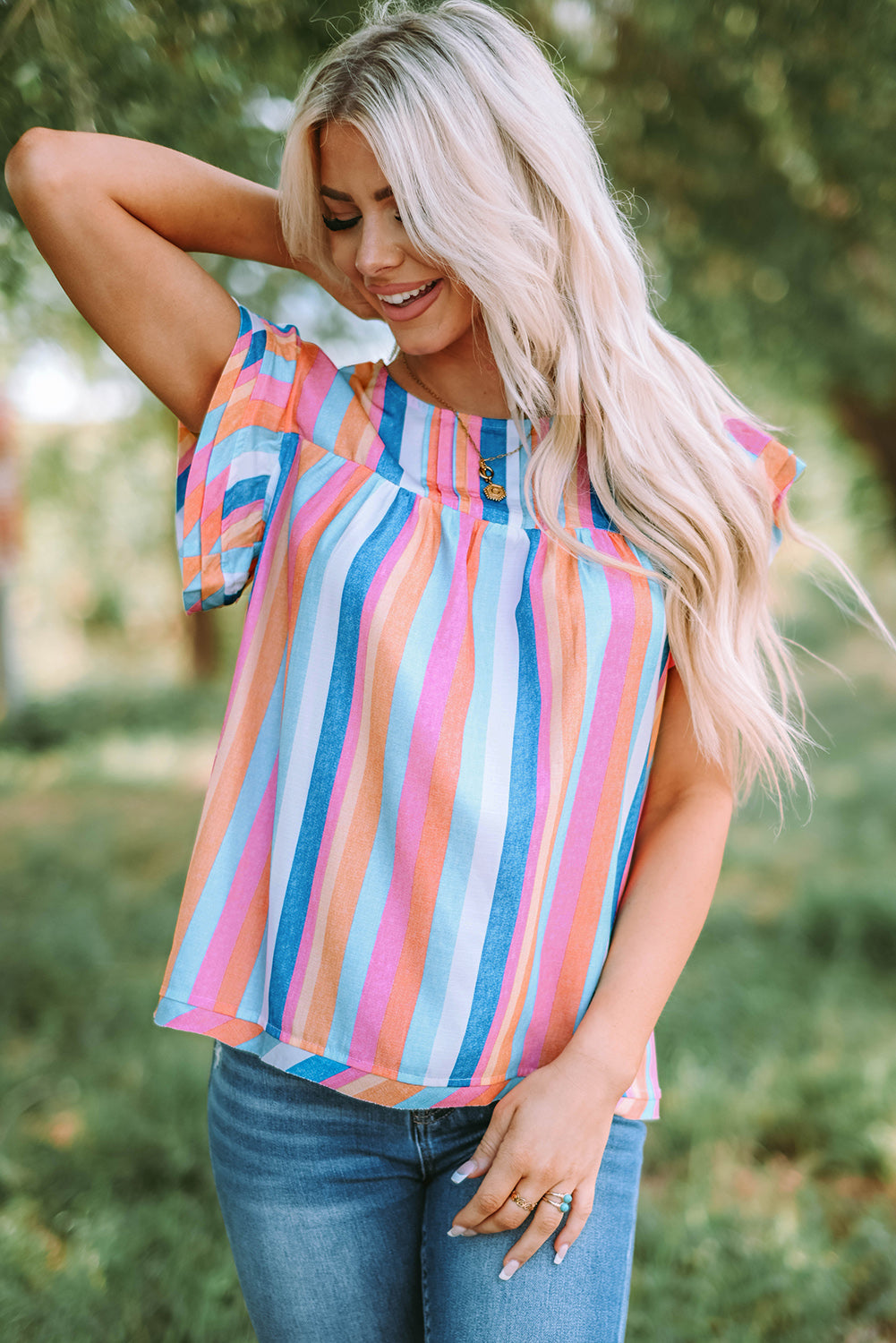 Multicolor Striped Tiered Ruffle Cap Sleeve Top