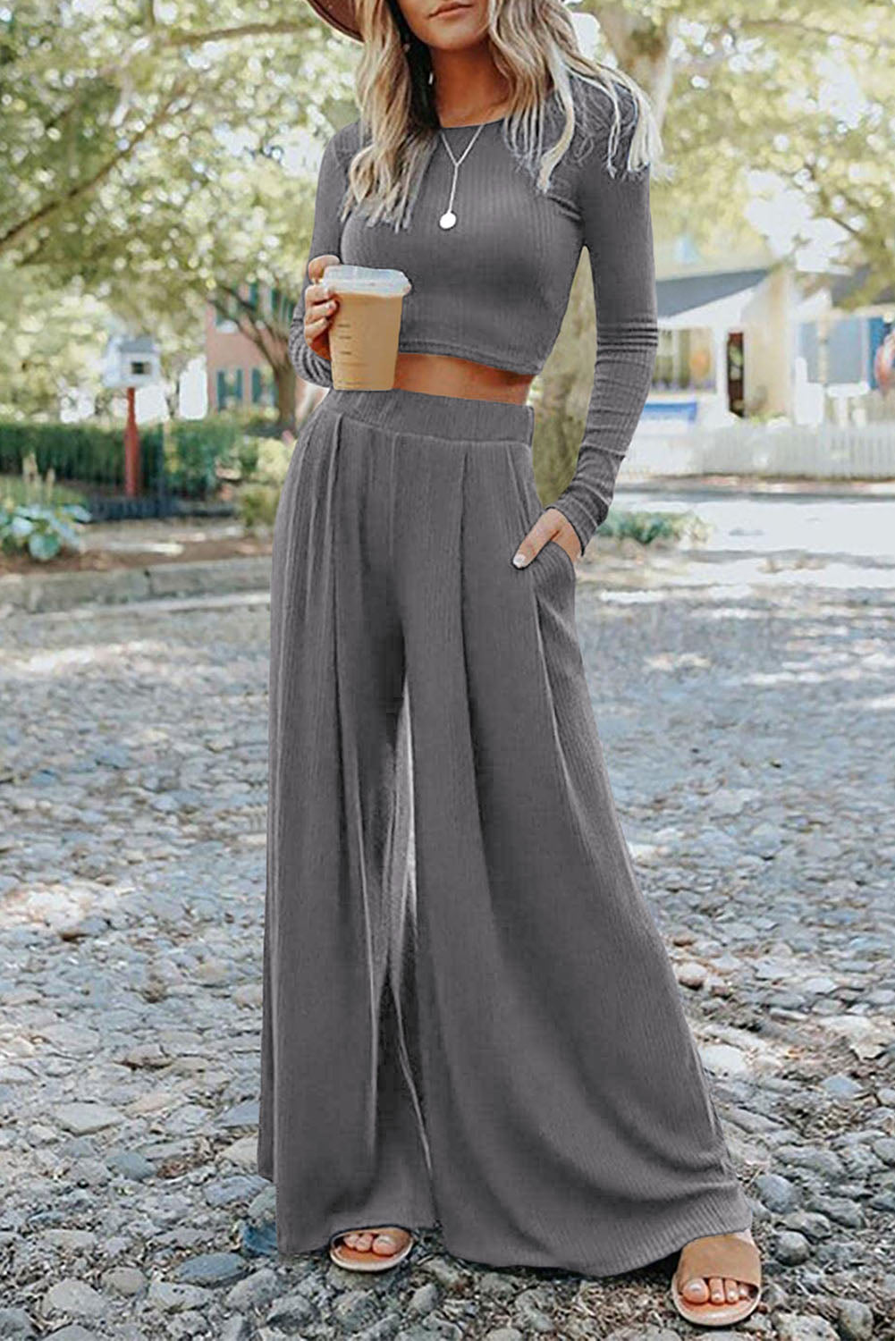 Black Solid Color Ribbed Crop Top Long Pants Set