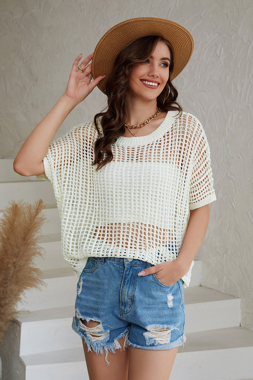 Apricot Fishnet Knit Ribbed Round Neck Short Sleeve Sweater Tee