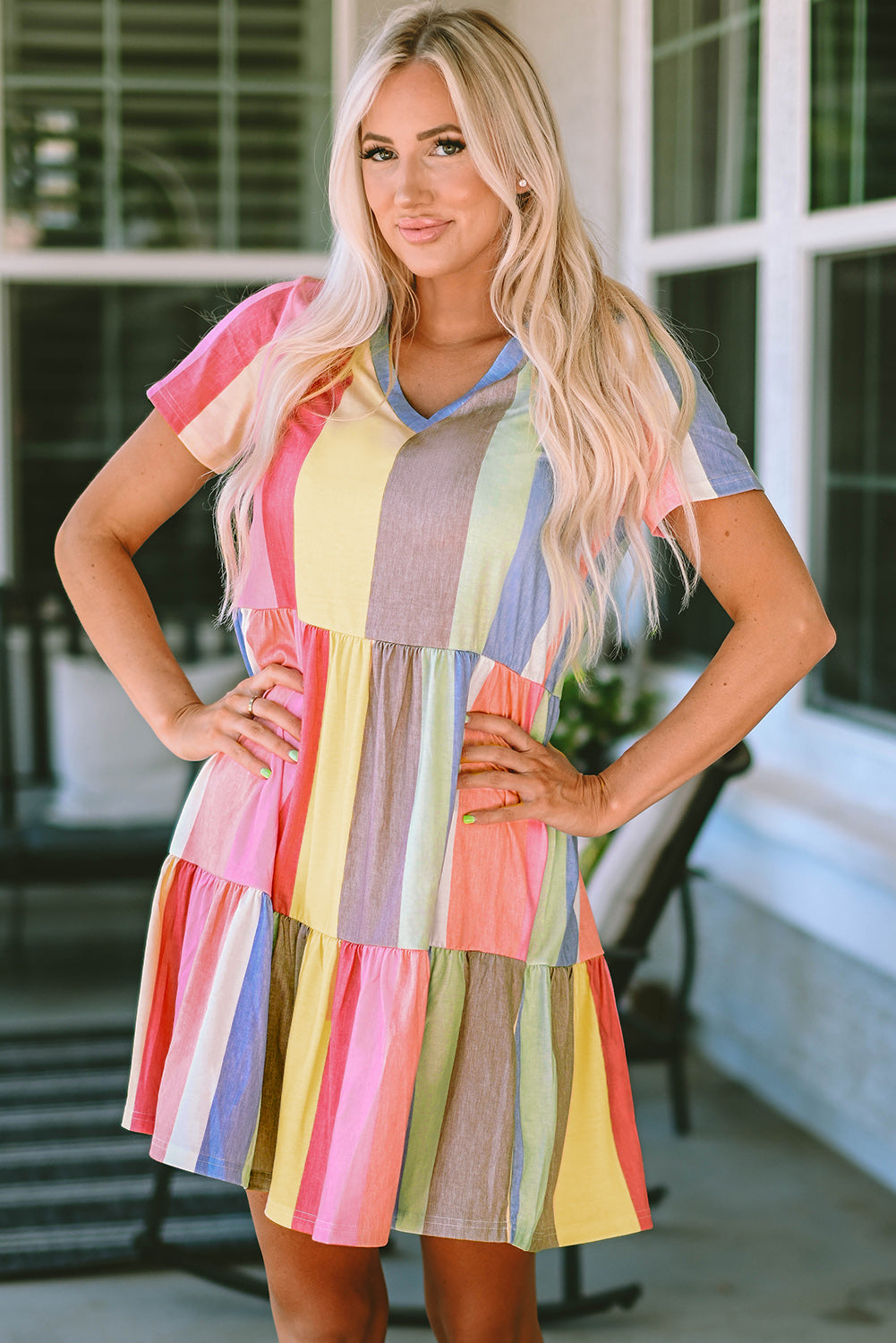 Multicolor Striped Color Block Tiered Mini Dress