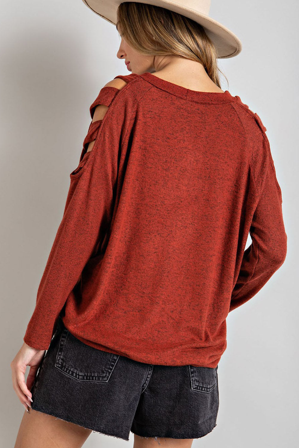 Burnt Orange Cutout Cold Shoulder Long Sleeve Top