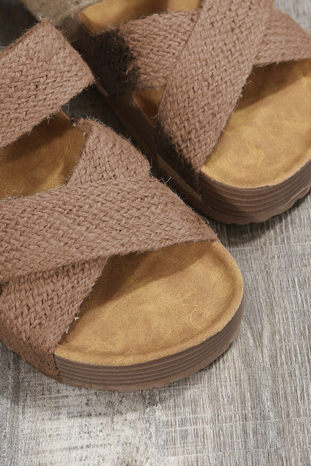 Beige Linen Woven Cross Criss Hollowed Slip-On Slippers