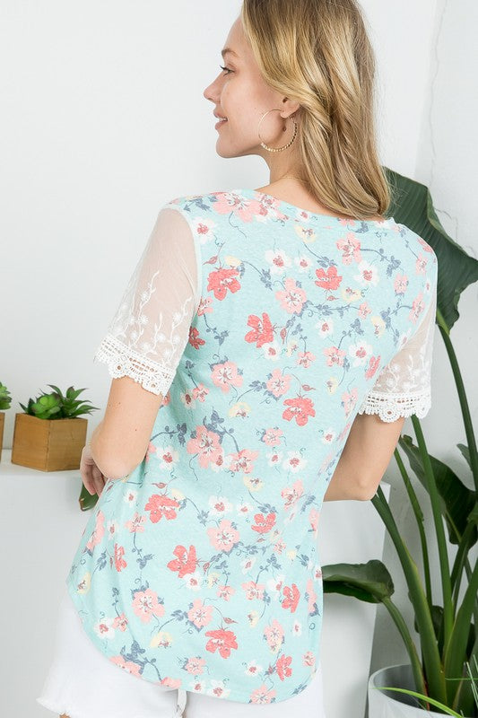 FLORAL EMBROIDERY LACE MIXED TOP