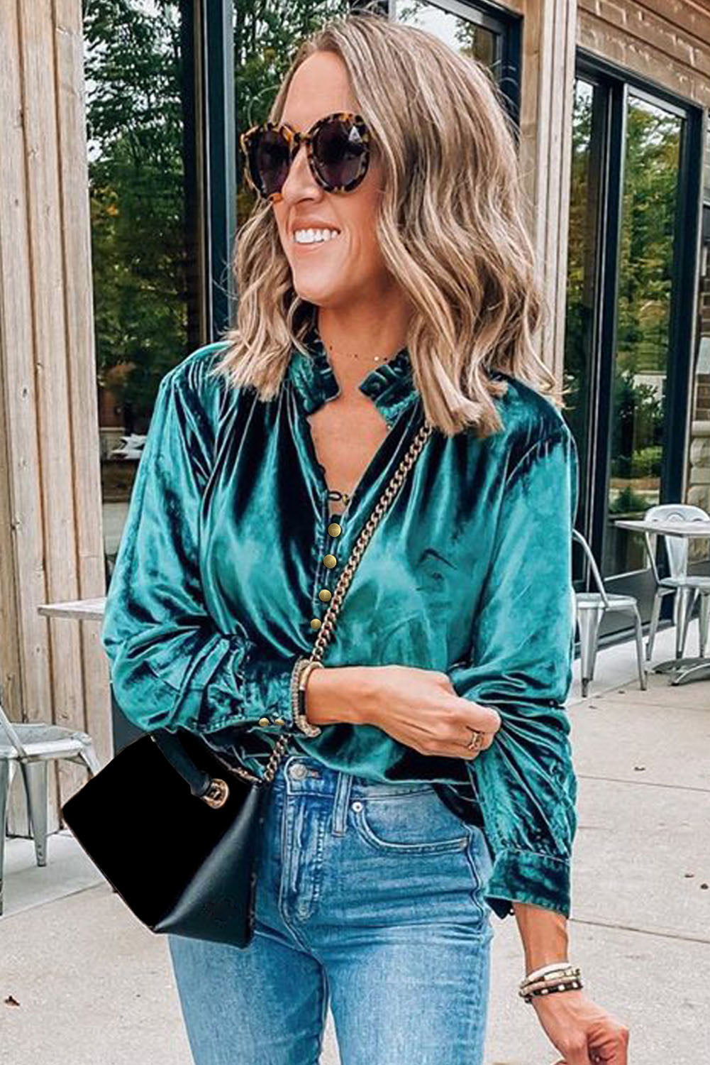 Biking Red Frilled Neck Buttoned Front Velvet Top