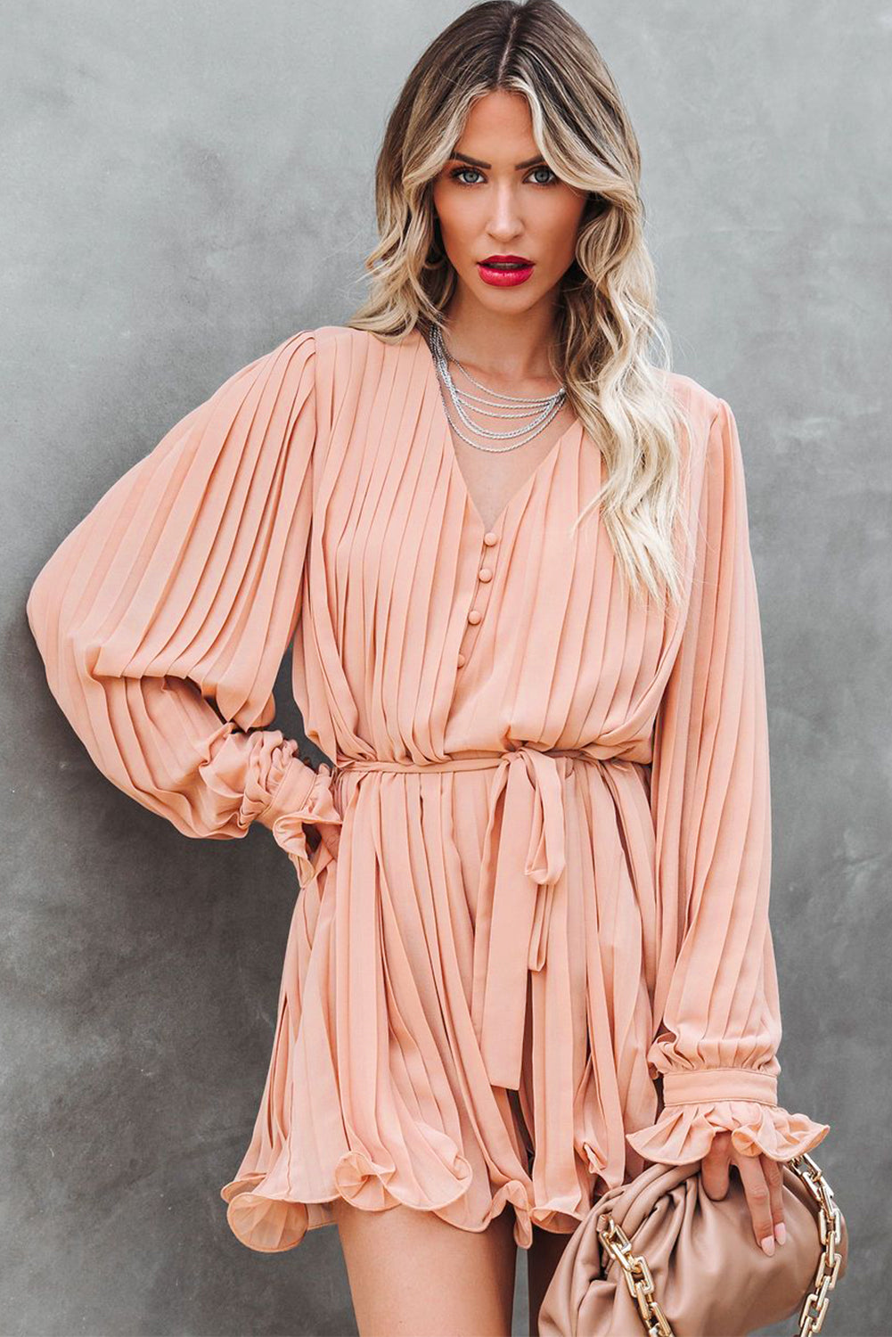 Pleated Ruffled Tie Waist Buttons V Neck Romper