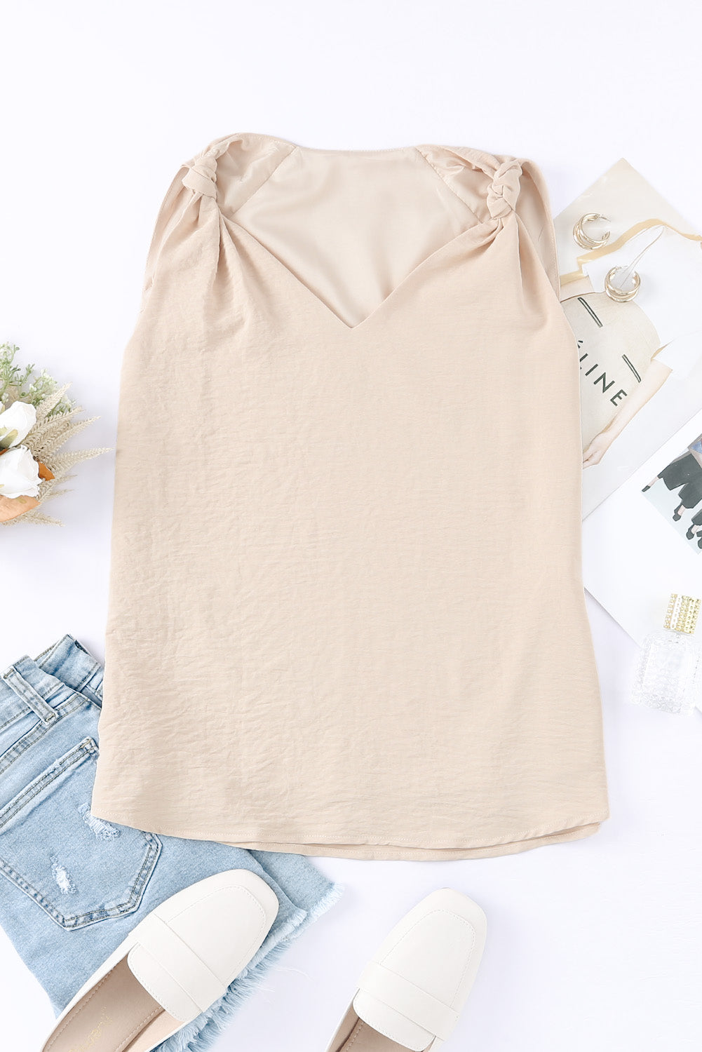 Apricot V Neck Knotted Shoulder Vest