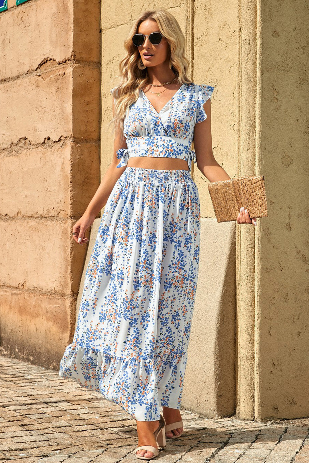 Multicolor Floral Ruffled Crop Top and Maxi Skirt Set