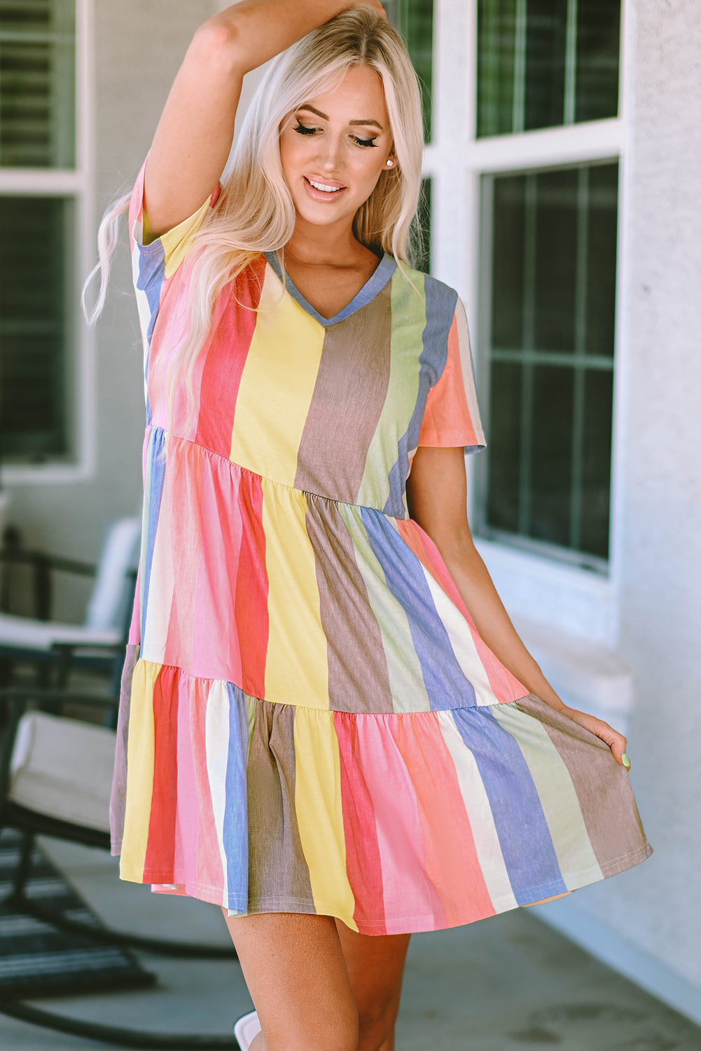 Multicolor Striped Color Block Tiered Mini Dress