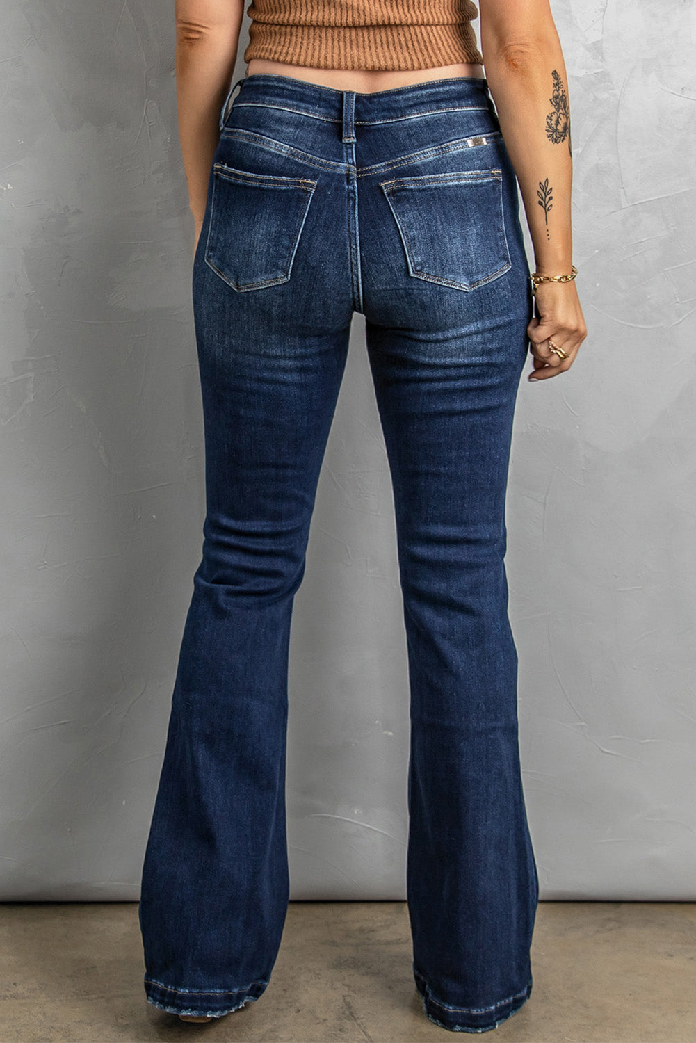 Dark Washed Distressed Flare Bottom Jeans