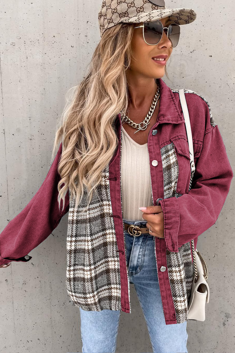 Plaid Patchwork Pockets Denim Jacket