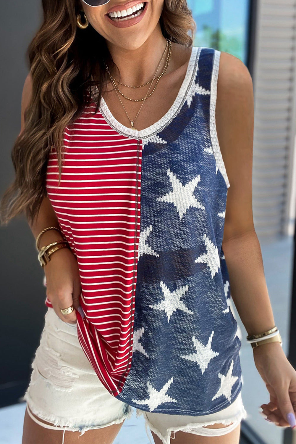 Multicolor Stripes Stars Print Knit Short Sleeves Top