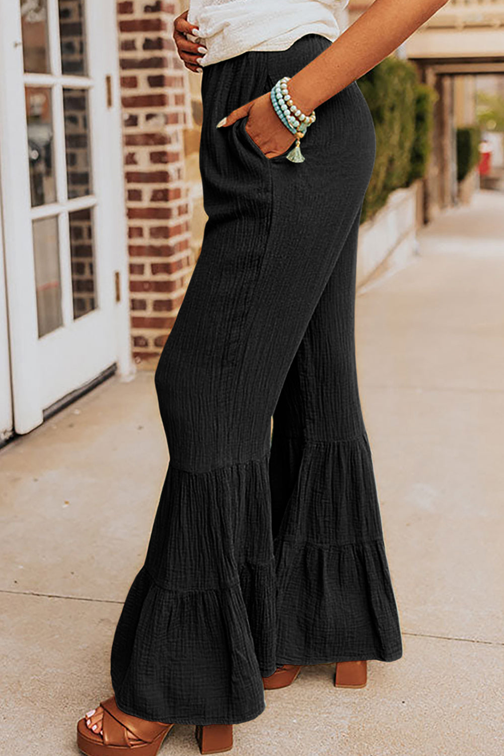 Textured High Waist Ruffled Bell Bottom Pants