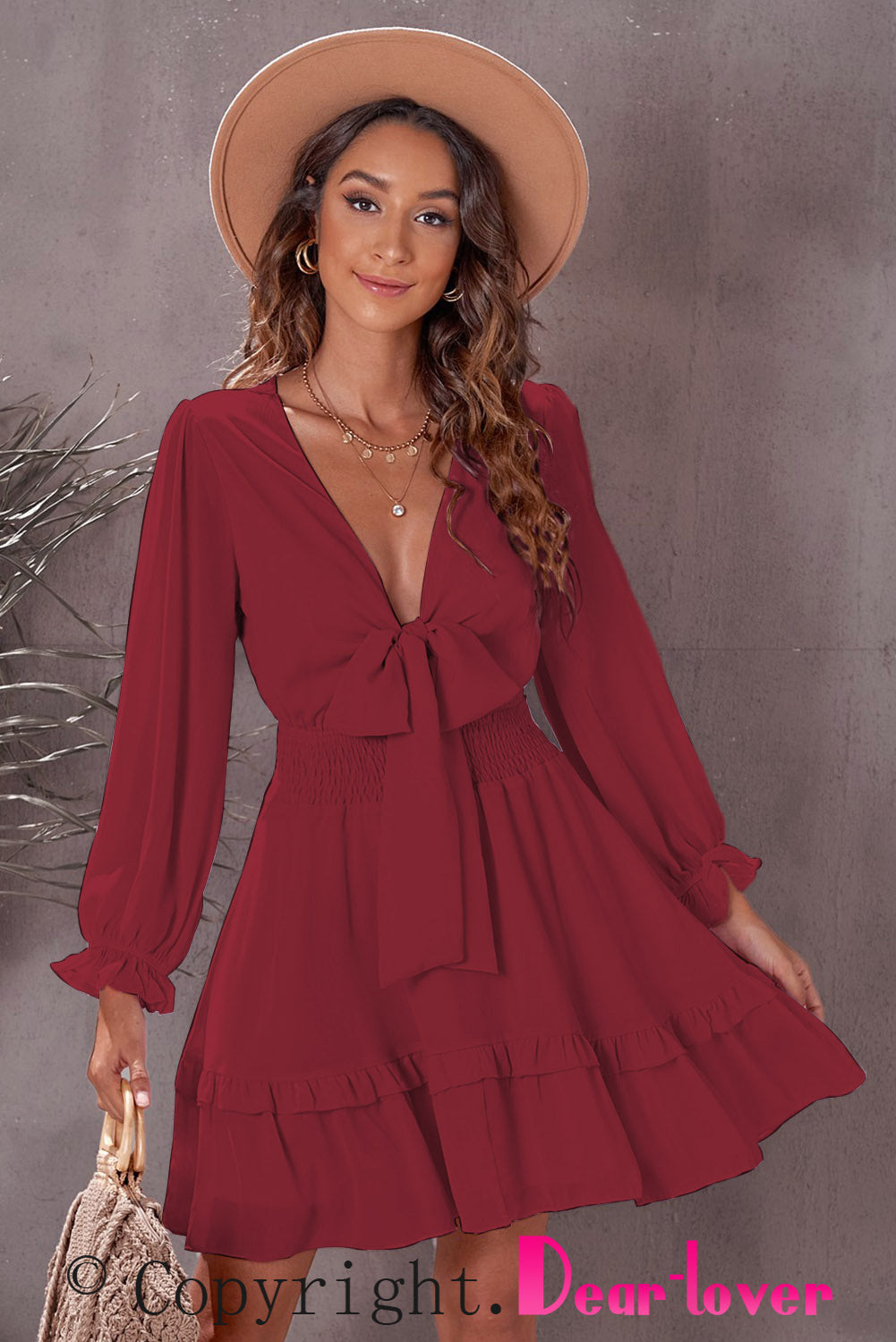 Burgundy Deep V Neck Lantern Sleeve Knotted Tiered Mini Dress