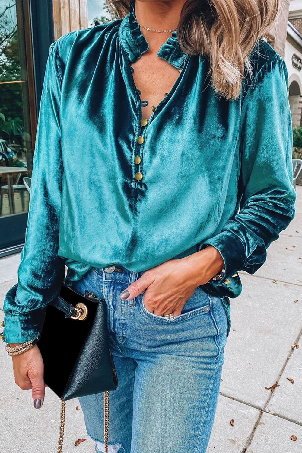 Biking Red Frilled Neck Buttoned Front Velvet Top