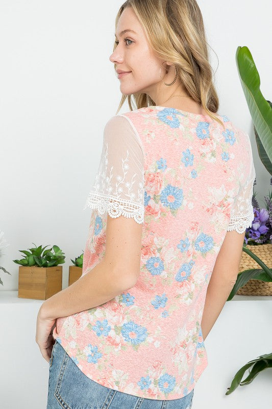 FLORAL EMBROIDERY LACE MIXED TOP