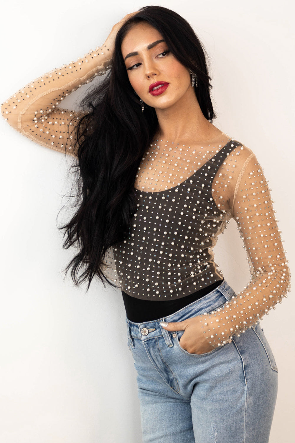 Pearl and Rhinestone Detail Sheer Mesh Top