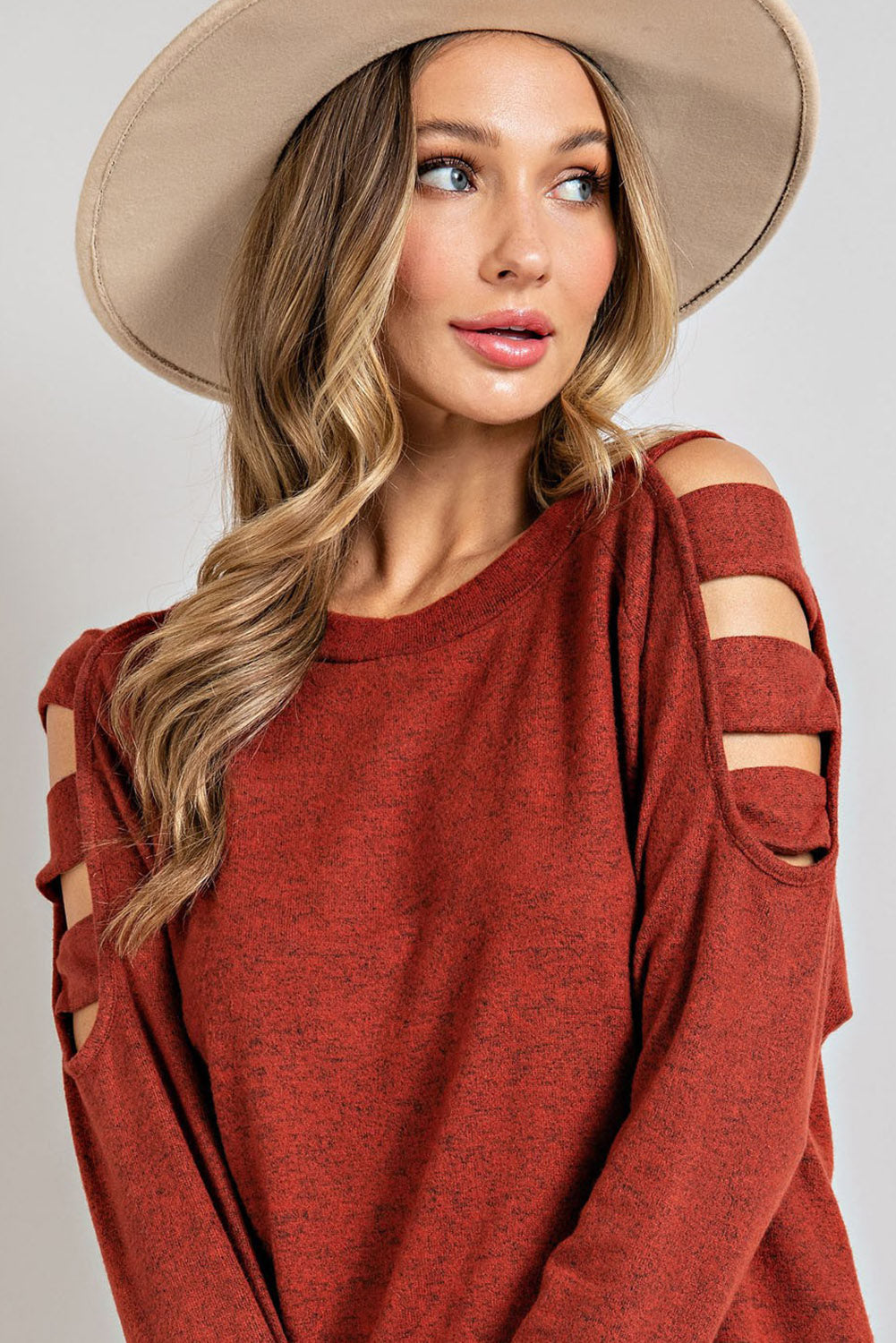 Burnt Orange Cutout Cold Shoulder Long Sleeve Top