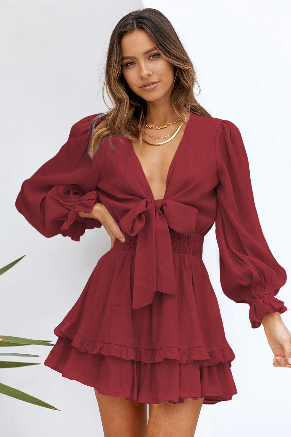 Burgundy Deep V Neck Lantern Sleeve Knotted Tiered Mini Dress