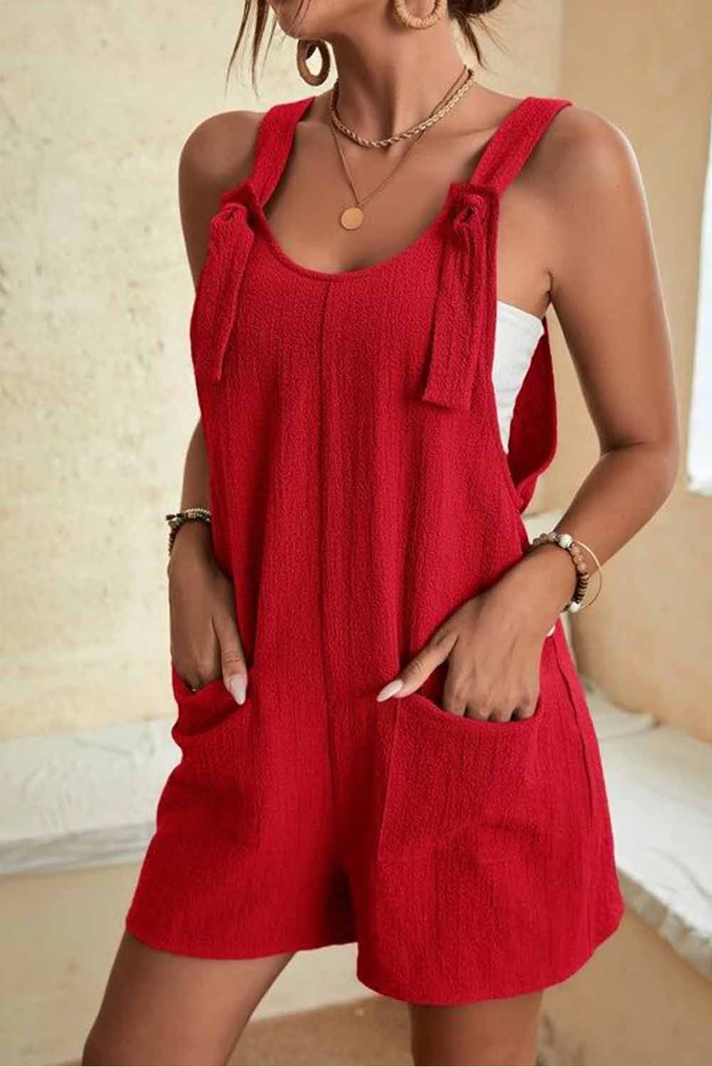 Rose Adjustable Straps Pocketed Textured Romper