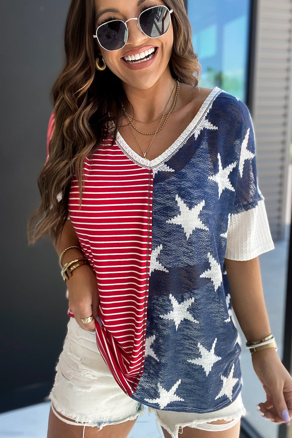 Multicolor Stripes Stars Print Knit Short Sleeves Top