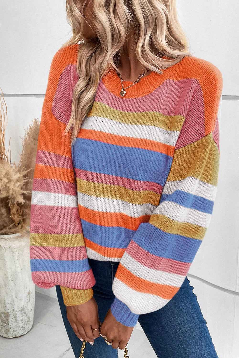 Multicolor Striped Knit Drop Shoulder Puff Sleeve Sweater