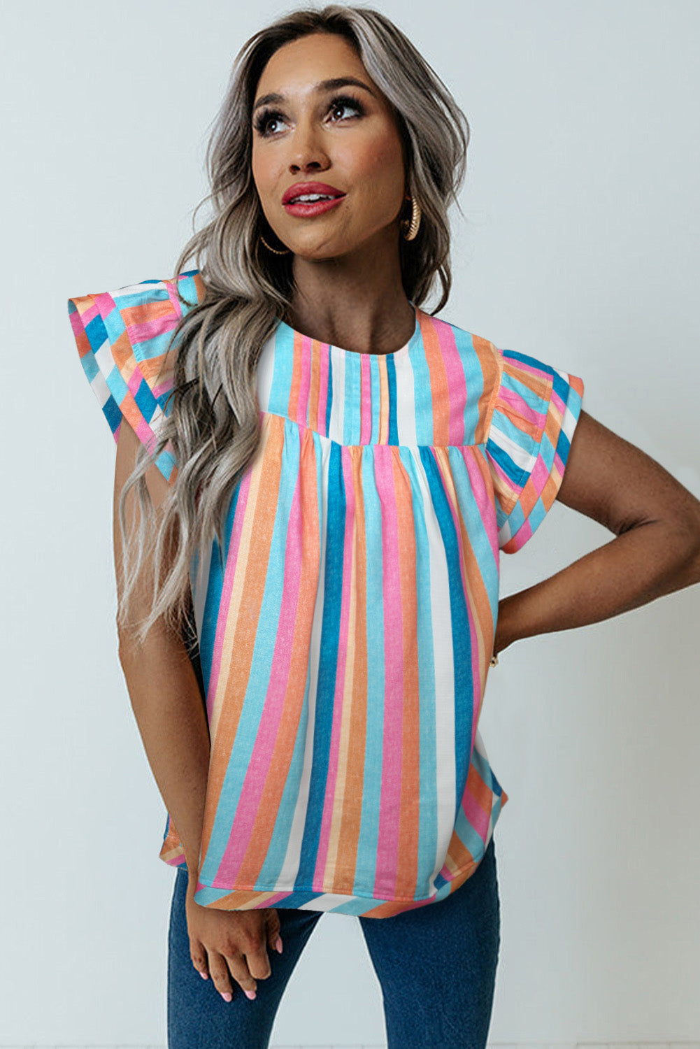 Multicolor Striped Tiered Ruffle Cap Sleeve Top