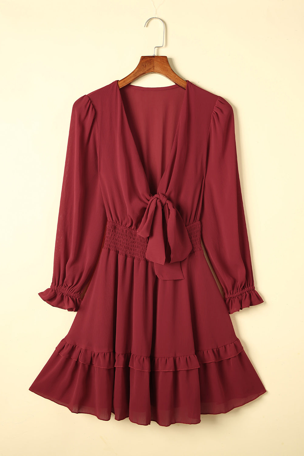 Burgundy Deep V Neck Lantern Sleeve Knotted Tiered Mini Dress