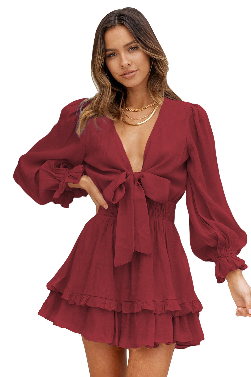 Burgundy Deep V Neck Lantern Sleeve Knotted Tiered Mini Dress