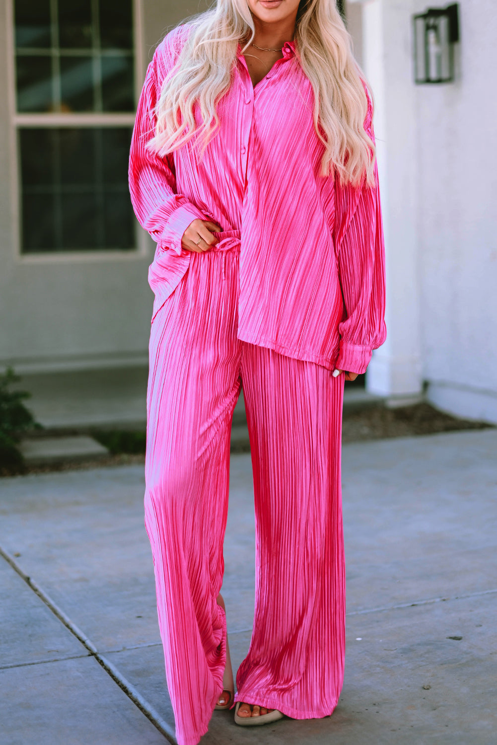 Pleated Long Sleeve Shirt and Wide-Leg Pants Set