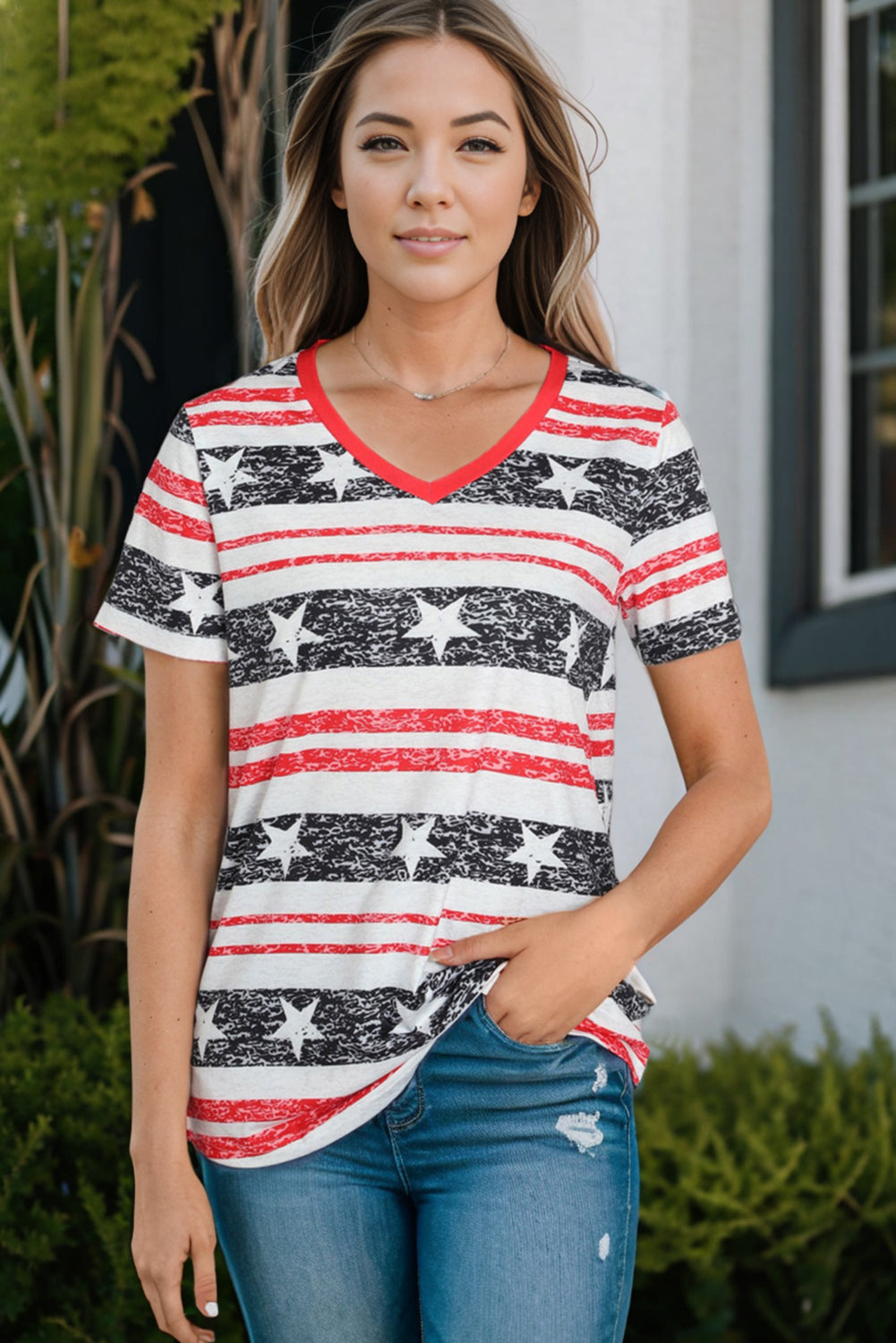 Star and Stripe Print V-Neck Casual T-Shirt