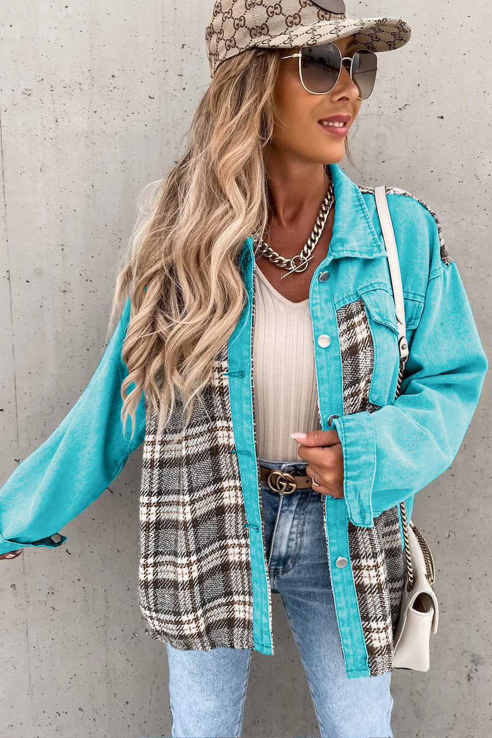 Plaid Patchwork Pockets Denim Jacket