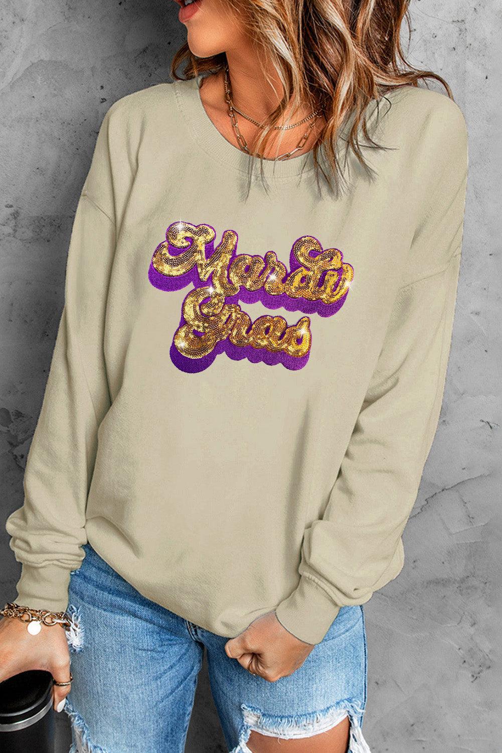 Khaki Mardi Gras Sequin Embroidered Patch Sweatshirt