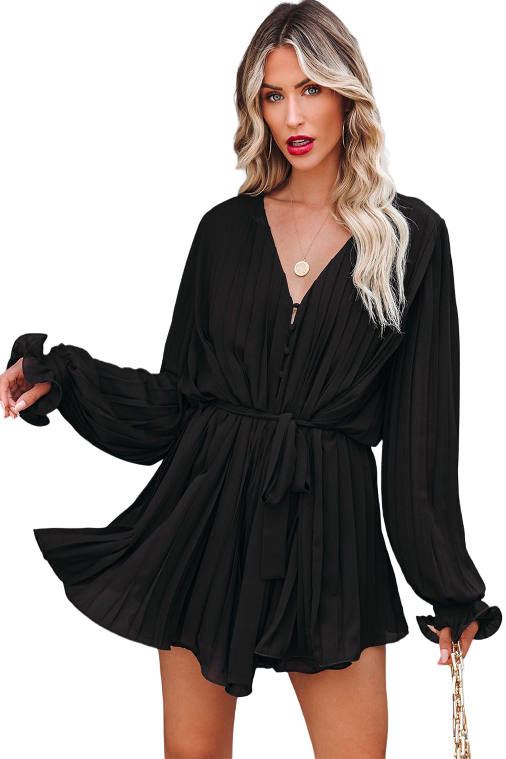 Pleated Ruffled Tie Waist Buttons V Neck Romper