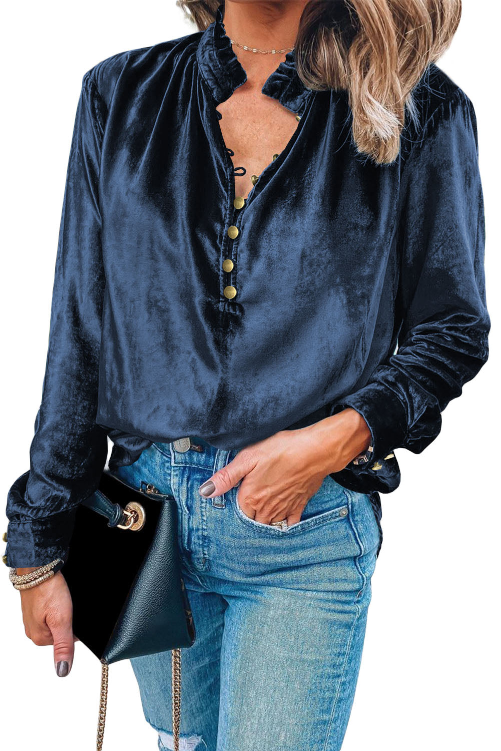 Biking Red Frilled Neck Buttoned Front Velvet Top