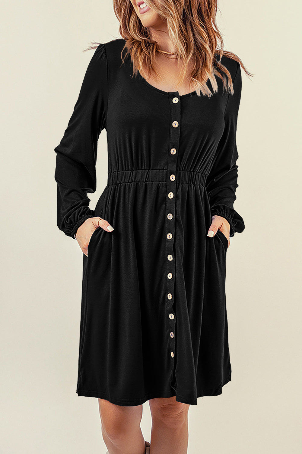 Button Up High Waist Long Sleeve Dress