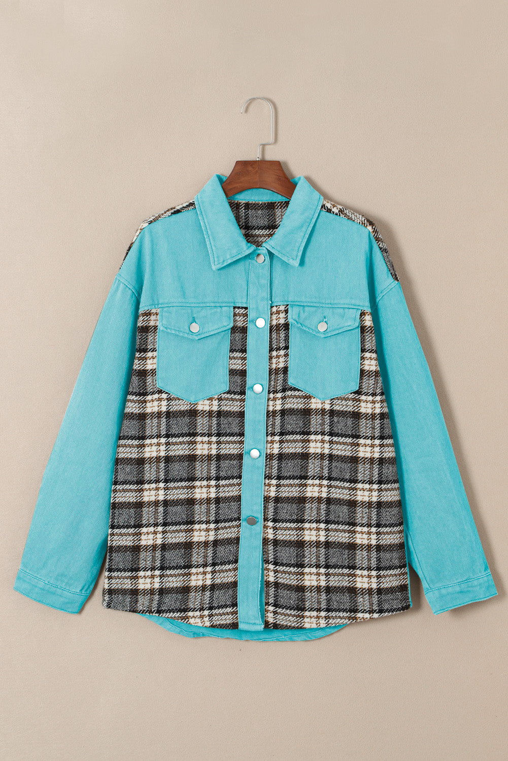 Plaid Patchwork Pockets Denim Jacket