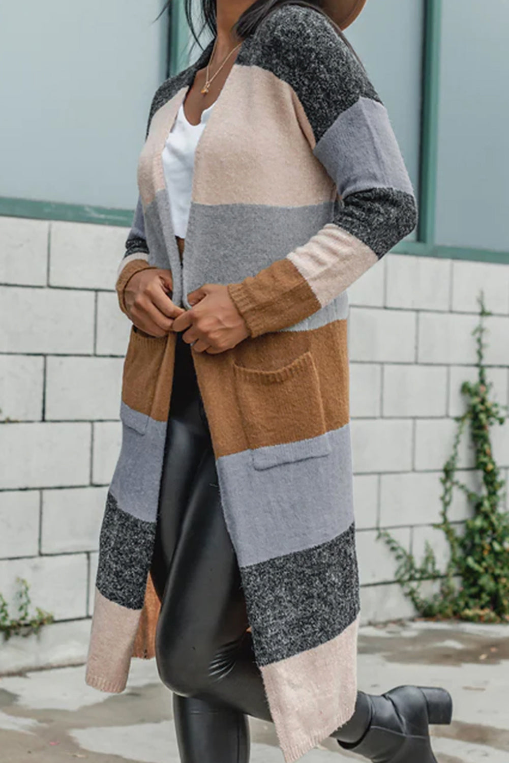 Carbon Grey Colorblock Open Front Long Knit Cardigan