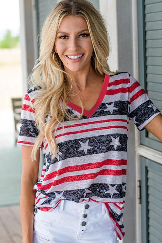 Star and Stripe Print V-Neck Casual T-Shirt