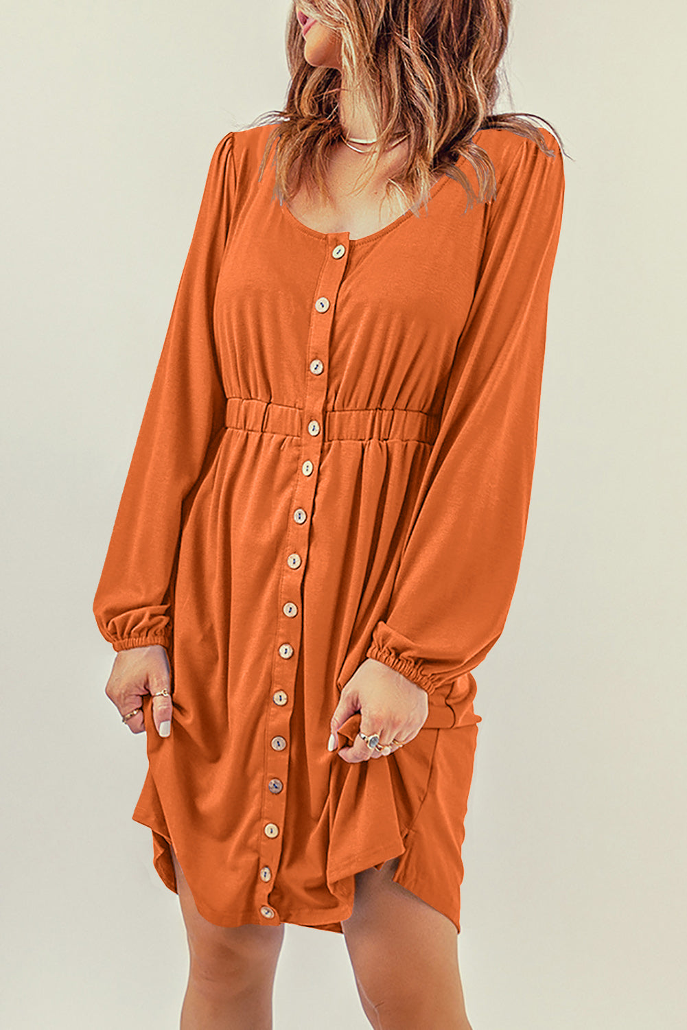 Button Up High Waist Long Sleeve Dress