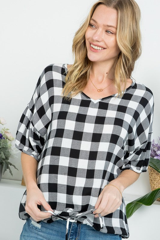 CHECKER PLAID CASUAL BLOUSE TOP