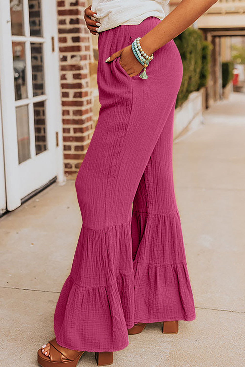 Textured High Waist Ruffled Bell Bottom Pants