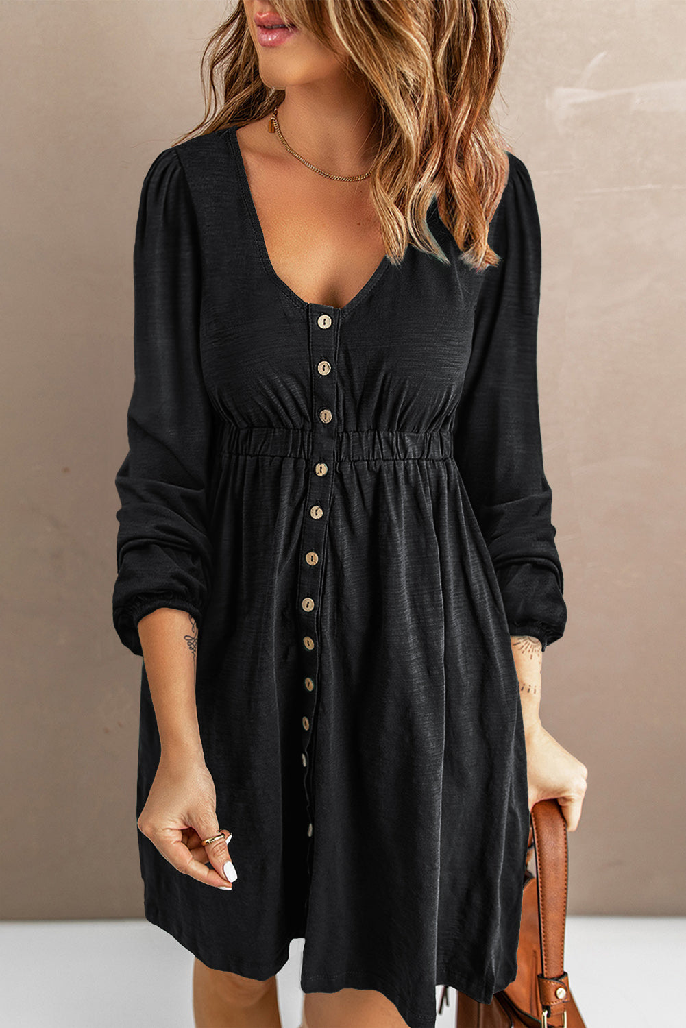 Button Up High Waist Long Sleeve Dress