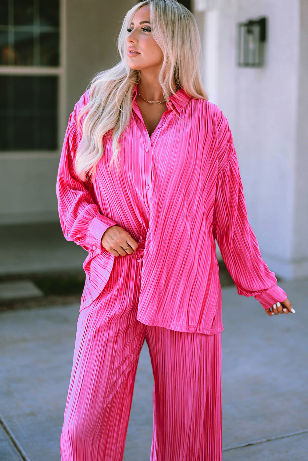 Pleated Long Sleeve Shirt and Wide-Leg Pants Set