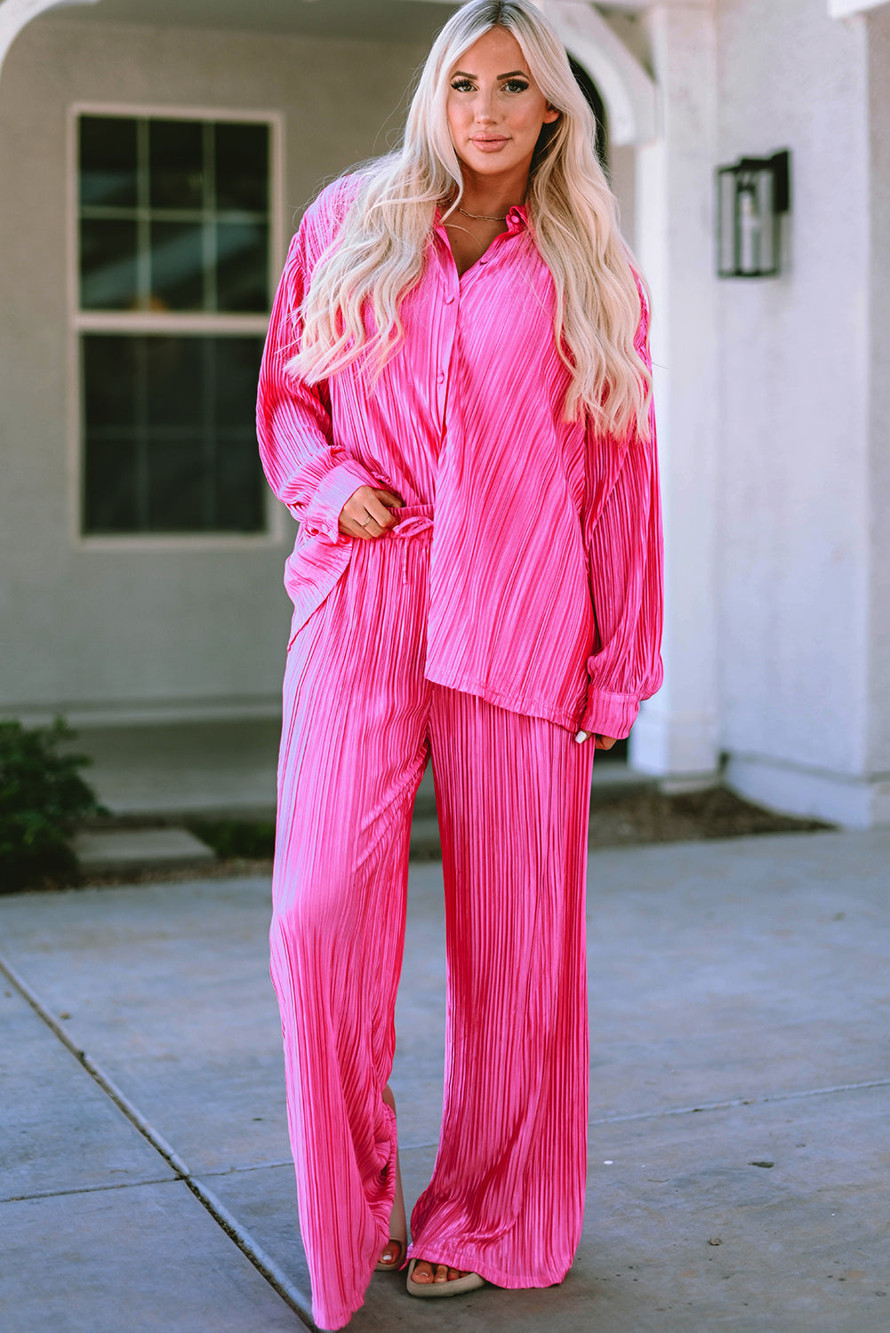 Pleated Long Sleeve Shirt and Wide-Leg Pants Set