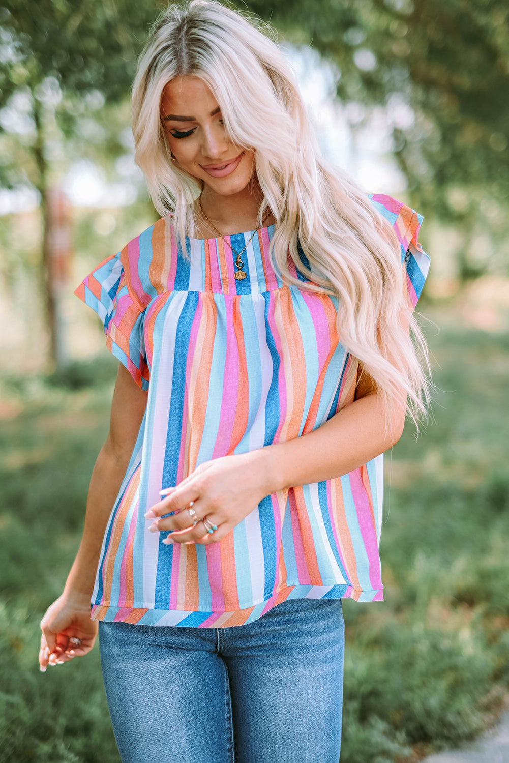 Multicolor Striped Tiered Ruffle Cap Sleeve Top